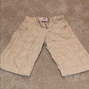 Tan quilted cargo shorts with embroidery/sequin